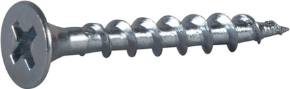 Metallskruv med Philips-krysshuvud och grova gängor, liggande på grå yta.