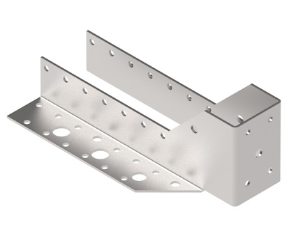 Metallisk balksko med flera cirkulära och avlånga hål för fästning, formad som ett L med upphöjt kantstöd.