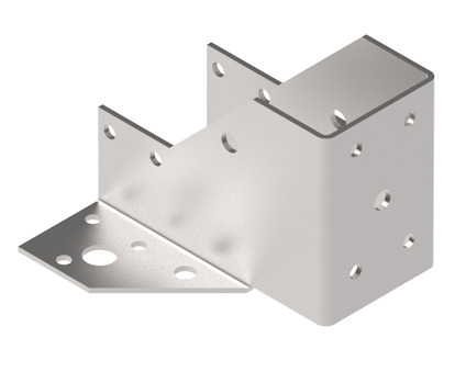 Metallfäste med flera runda hål för montering, vinklad design för fixering av balkar.