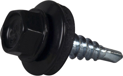 Svart sexkantsskruv med bricka och borrspets, liggande på sidan mot en vit bakgrund.