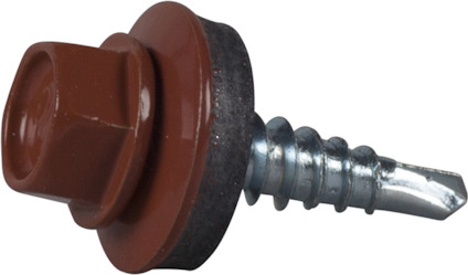 Skruv med brunt sexkantshuvud och bricka, samt silvrig borrspets.