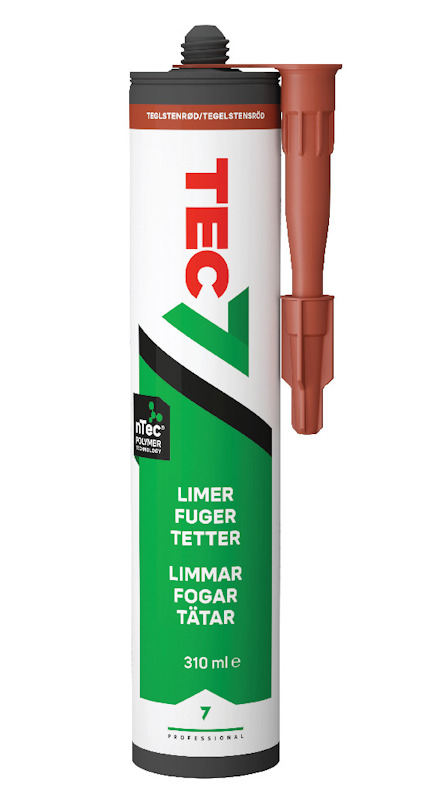 Patron med text: "TEC7 Limmar Fogar Tätar". Tegelröd applikatorspets. 310 ml.