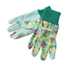Två barnträdgårdshandskar i textil med gröna muddar och färgglada mönster, inklusive prickar och blommor.