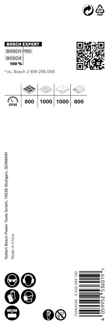 Förpackning med specifikationer för Bosch Expert produkt, inklusive varvtal och dimensioner.