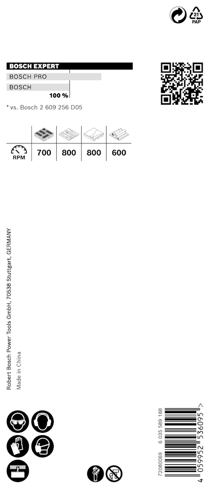 Förpackning för Bosch Expert, Bosch Pro och Bosch sågblad, inkluderar QR-kod och streckkod.