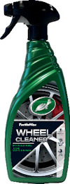Grön flaska med svart spraymunstycke, etikett märkt "Turtle Wax Wheel Cleaner".