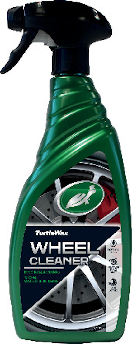 Grön flaska med svart spraymunstycke, etikett märkt "Turtle Wax Wheel Cleaner".