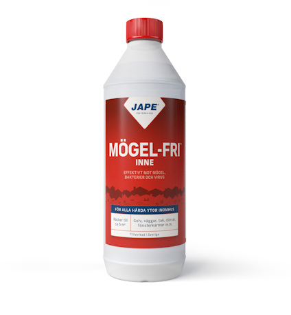Vit flaska med rött etikett "Mögel-Fri Inne" och röd kork. Text: "Effektivt mot mögel, bakterier och virus."