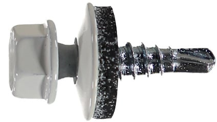 Självborrande skruv med sexkantshuvud och bricka, vit beläggning.