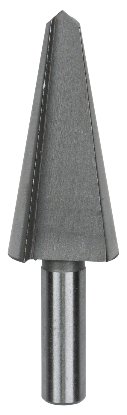 Konformat borrstål med cylindrisk skaft och konisk spets i metall.