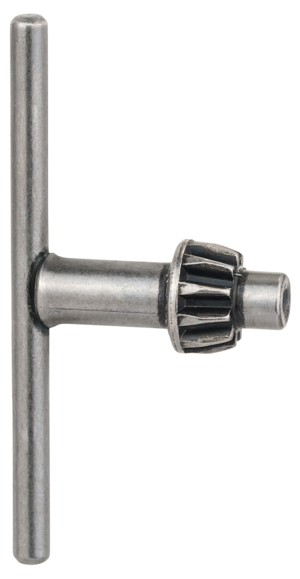 Metallisk chucknyckel med ett handtag och kugghjulstopp i mitten.