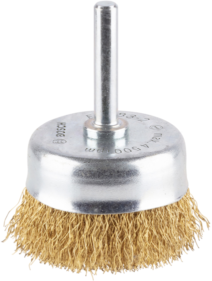Rund mässingsborste med metalldel och metallstav för borrmaskin, texten "BOSCH" synlig.