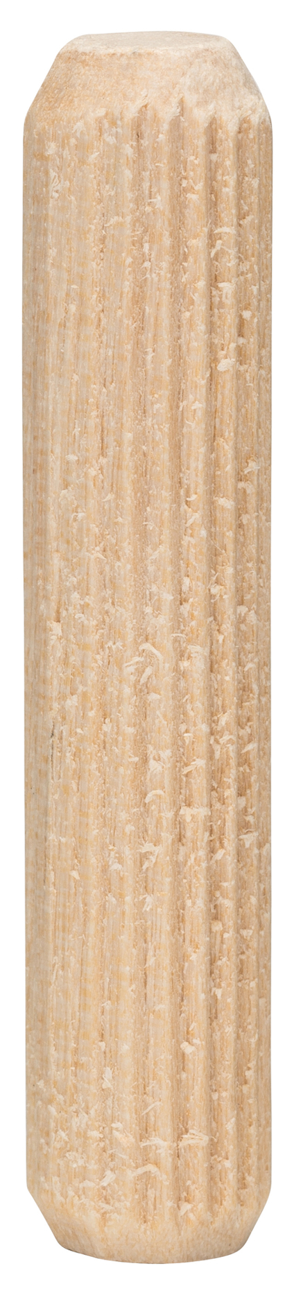 Träplugg med räfflad yta och avfasade kanter.