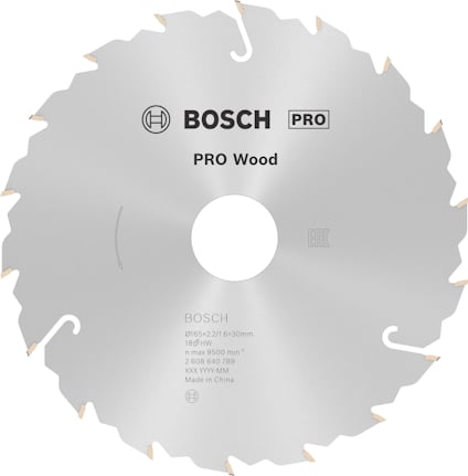 Cirkelsågklinga med text: "Bosch PRO Wood, 165x2.2/1.6x20mm, EN847".