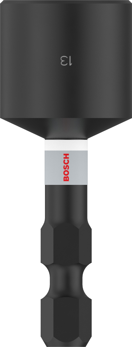 Svart Bosch hylsa med vit etikett, storlek märkt som 13, sexkantig bas.