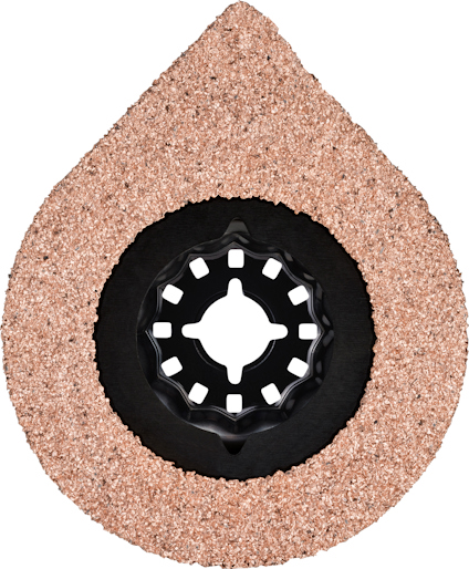 Droppformad slipdyna med kornig yta och svart fäste.