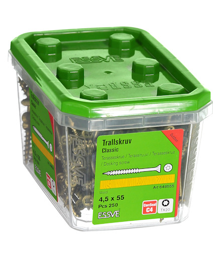 Plastlåda med grönt lock innehållande trallskruvar, märkt "Trallskruv Classic 4,5 x 55" och "ESSVE".