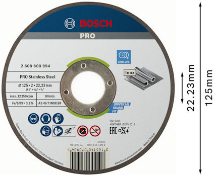 Rund slip- eller kapskiva från Bosch Pro för rostfritt stål, diameter 125 mm, tjocklek 22,23 mm.