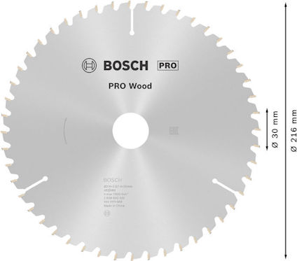 Cirkelsågblad i silver med text "Bosch PRO Wood", diameter 216 mm, centrumhål 30 mm.