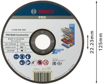 Rund kapskiva från Bosch med text "PRO Multi Construction". Diameter 125 mm, tjocklek 1 mm.