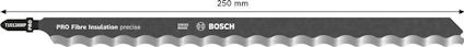 Svart sågblad med text "PRO Fibre Insulation precise" och Bosch-logotyp. Längd anges som 250 mm.