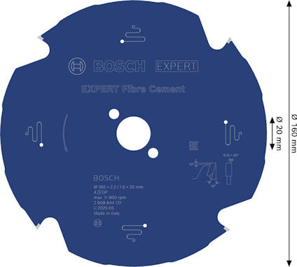 Blå cirkelsågklinga för fibercement från Bosch, diameter 160 mm, hål 20 mm, 4 tänder.