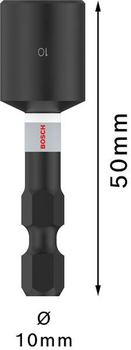 Svart borrbits 50 mm lång med diameter 10 mm. Märkt "Bosch" på skaftet.