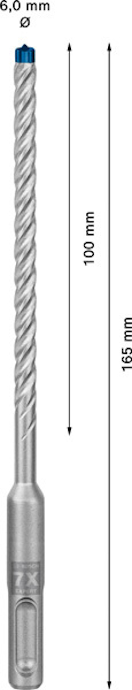Borr med spiraldesign, 6,0 mm diameter och 165 mm längd med markeringar för längd och diameter.