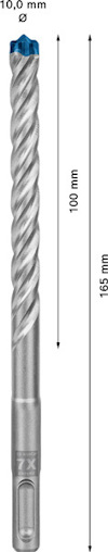 Borr med blått huvud och spiralformad bit. Måtten 165 mm och 100 mm är markerade med pilar.