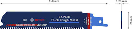 Sågblad med text "Bosch Expert Thick Tough Metal", 150 mm lång och 25 mm bred, med karbidteknologi.
