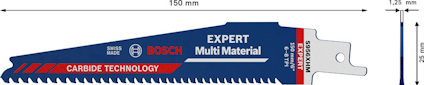 Sågblad från Bosch, 150 mm, "EXPERT Multi Material", med karbidteknologi. Längd, bredd och tjocklek visas.