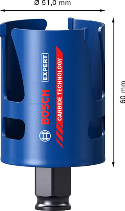 Blå hålsåg från Bosch med märkningen "Expert" och "Carbide Technology", mäter Ø 51 mm och 60 mm i längd.