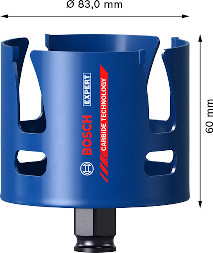 Blå borrkrona med text "BOSCH EXPERT CARBIDE TECHNOLOGY", diameter 83 mm, höjd 60 mm.