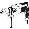 Enkel illustration av en slagborrmaskin med sidhandtag i svartvitt stiliserad.