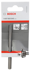 Förpackning med en Bosch chuckadapter, modellnummer 1 607 950 045, med tillhörande nyckel.