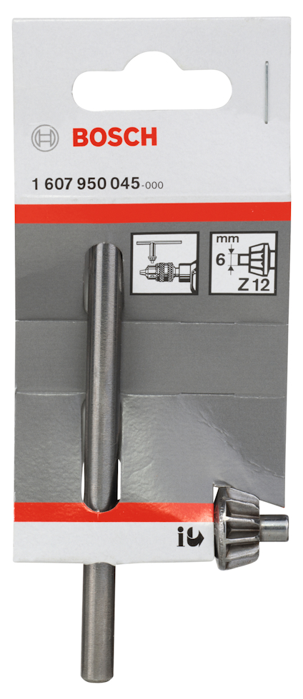 Förpackning med en Bosch chuckadapter, modellnummer 1 607 950 045, med tillhörande nyckel.