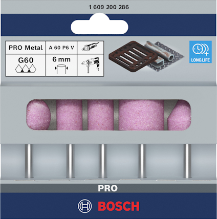 Förpackning innehållande sex slipstift av modell G60 från Bosch, etiketterad för metall med logotyper och specifikation 6 mm.