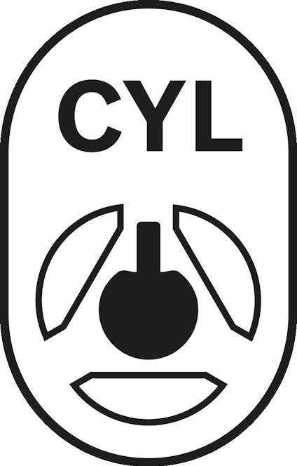 CYL-symbol med en cirkel och två pilar inuti en oval.