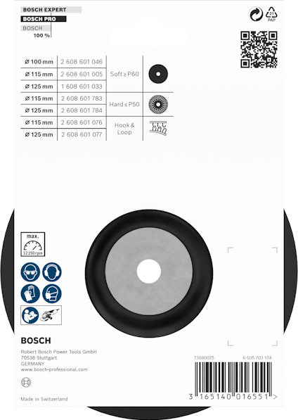 Förpackning med Bosch sliprondell och produktinformation. Streckkod och symboler för kompatibilitet.
