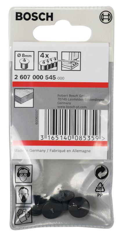 Förpackning från Bosch med möbelben, artikelnummer 2 607 000 545, diameter 8 mm, innehållande 4 stycken.