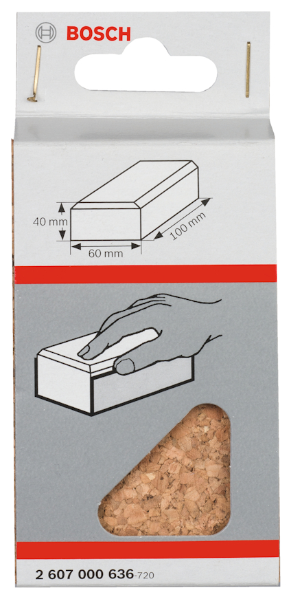 Förpackning för Bosch slipkloss med illustration av mått: 40x60x100 mm. Modellnummer 2 607 000 636.