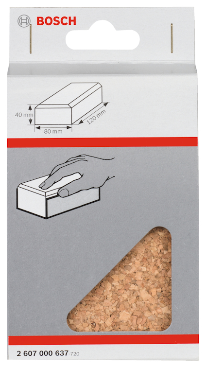 Förpackning med Bosch slipkloss, tydliga mått 80x40x30 mm, illustration av hand som håller klossen.