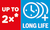 Röd och blå grafik med texten "UP TO 2x*" och "LONG LIFE" samt en klocksymbol.