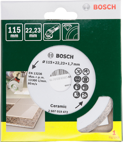 Förpackning av Bosch keramiskt kapskiva, 115 mm i diameter och tjocklek på 1,7 mm, artikelnummer 2 607 019 472.