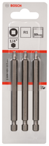 Förpackning med tre silverfärgade borrbits från Bosch, märkta R1, 89 mm, med 1/4" fäste.