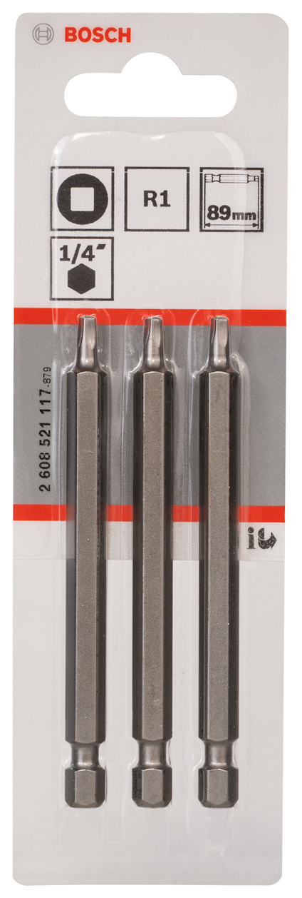 Förpackning med tre silverfärgade borrbits från Bosch, märkta R1, 89 mm, med 1/4" fäste.