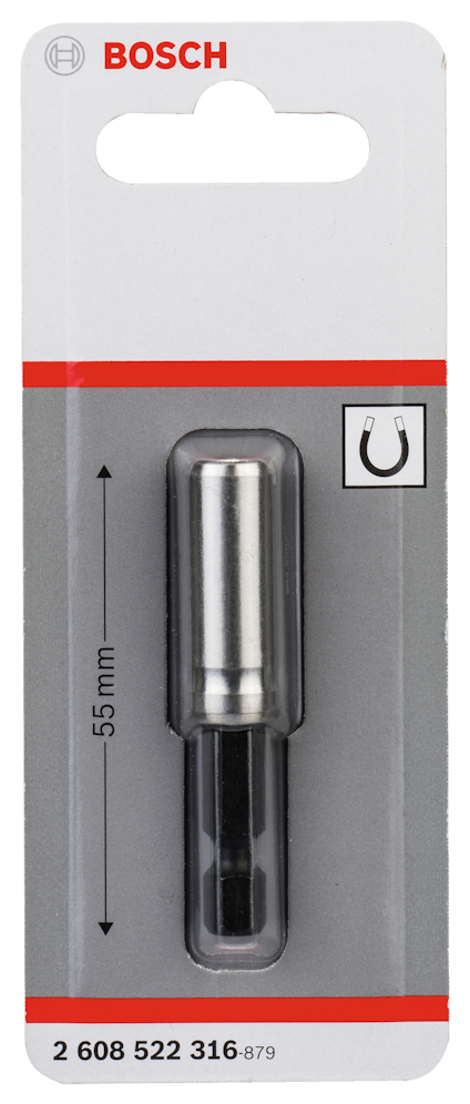 Förpackning med Bosch-borradapter, märkt "2 608 522 316", längd 55 mm, i svart och silver.