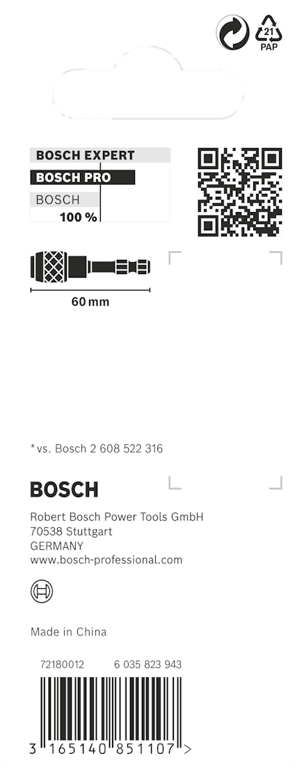 Förpackning med text: "Bosch Expert", "Bosch Pro", streckkod och QR-kod. Texter inkluderar företags- och tillverkningsinformation.