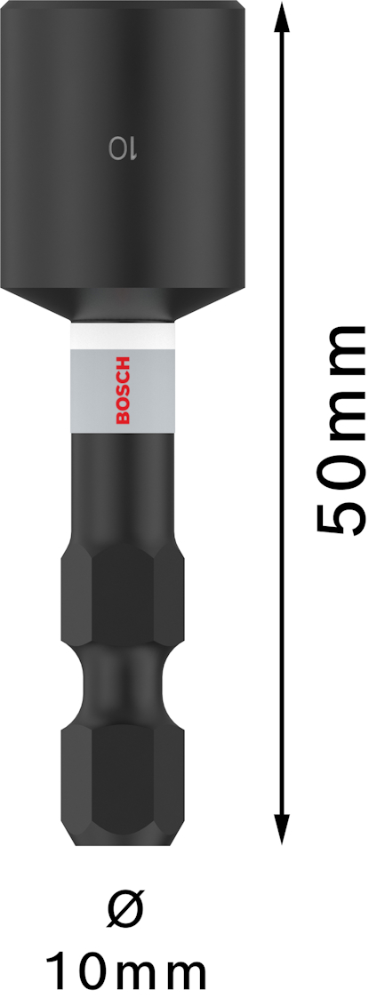 Svart hylsa med text "10" och "Bosch", 50 mm lång, 10 mm diameter.