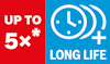 Röd och blå grafik; text: "UP TO 5x*" med en klocka och plustecken, "LONG LIFE".